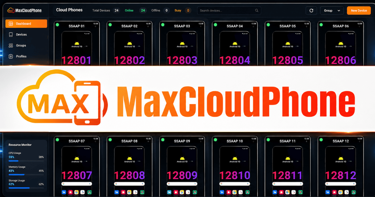 MaxCloudPhone nổi bật với giao diện sang trọng, nhấn mạnh bảo mật, hiệu năng và thiết kế đẳng cấp.