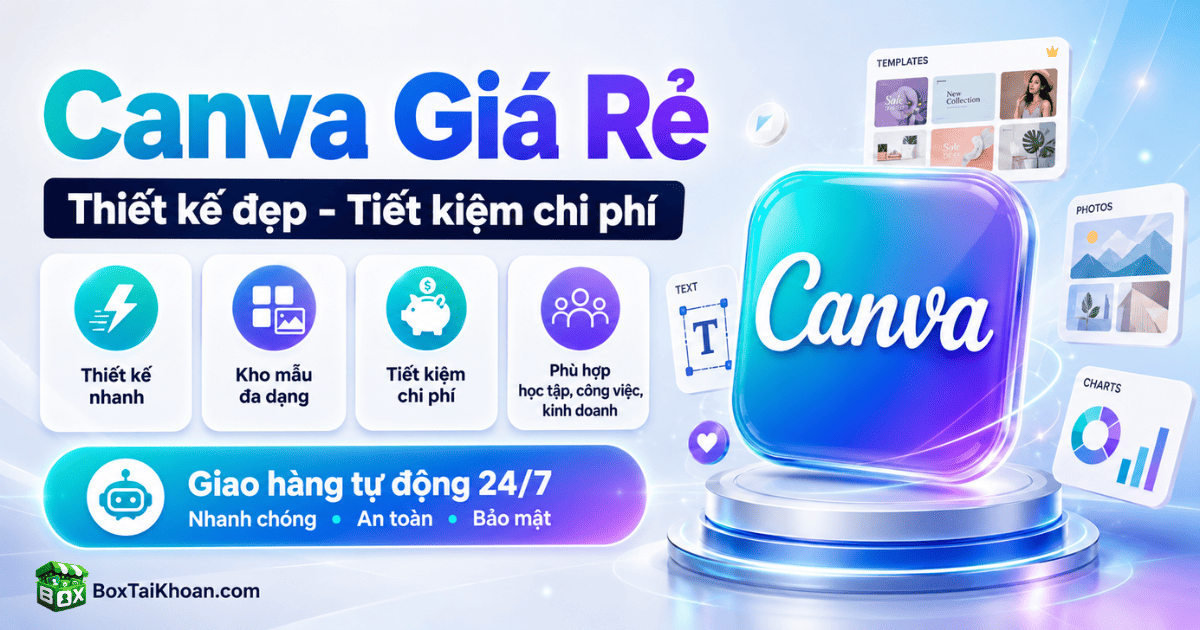 Banner lợi ích khi dùng Canva giá rẻ giúp thiết kế đẹp, tiết kiệm chi phí, kho mẫu đa dạng và phù hợp học tập, công việc, kinh doanh