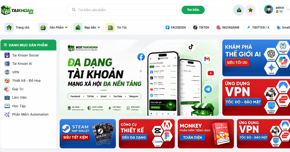 BoxTaiKhoan.com - Nền tảng cung cấp tài khoản digital, AI và phần mềm online