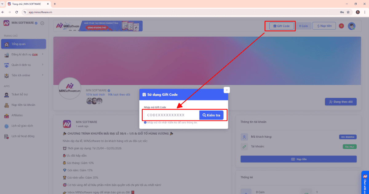 Nhấn vào mục Gift Code trên MINSoftware.vn, dán mã GiftCode MaxCare đã nhận và bấm Kiểm tra để xem thông tin kích hoạt.