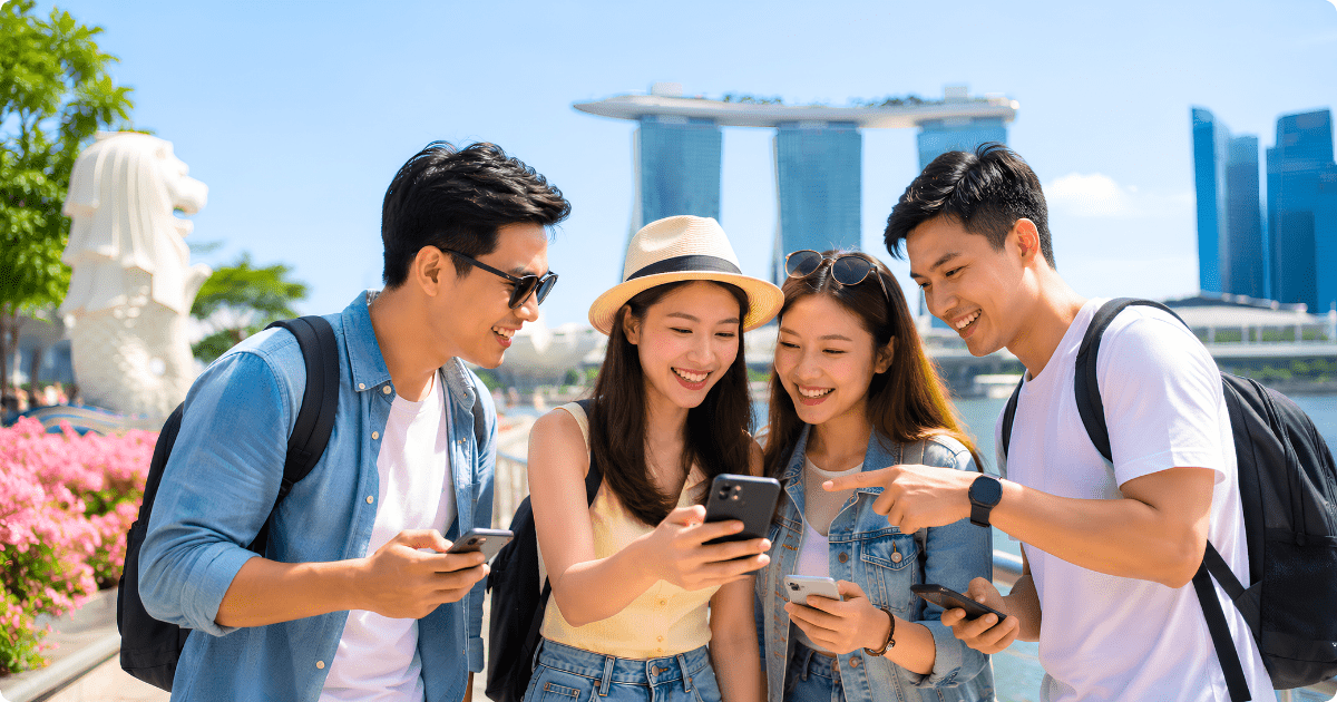 Hình ảnh nhóm bạn du lịch tại Singapore cùng sử dụng điện thoại, thể hiện khả năng chia sẻ Wi‑Fi tiện lợi khi đi theo nhóm.