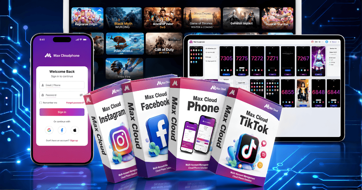 Giao diện dashboard MaxCloudPhone hiển thị hệ thống cloud phone hiện đại, quản lý thiết bị rõ ràng và chuyên nghiệp.