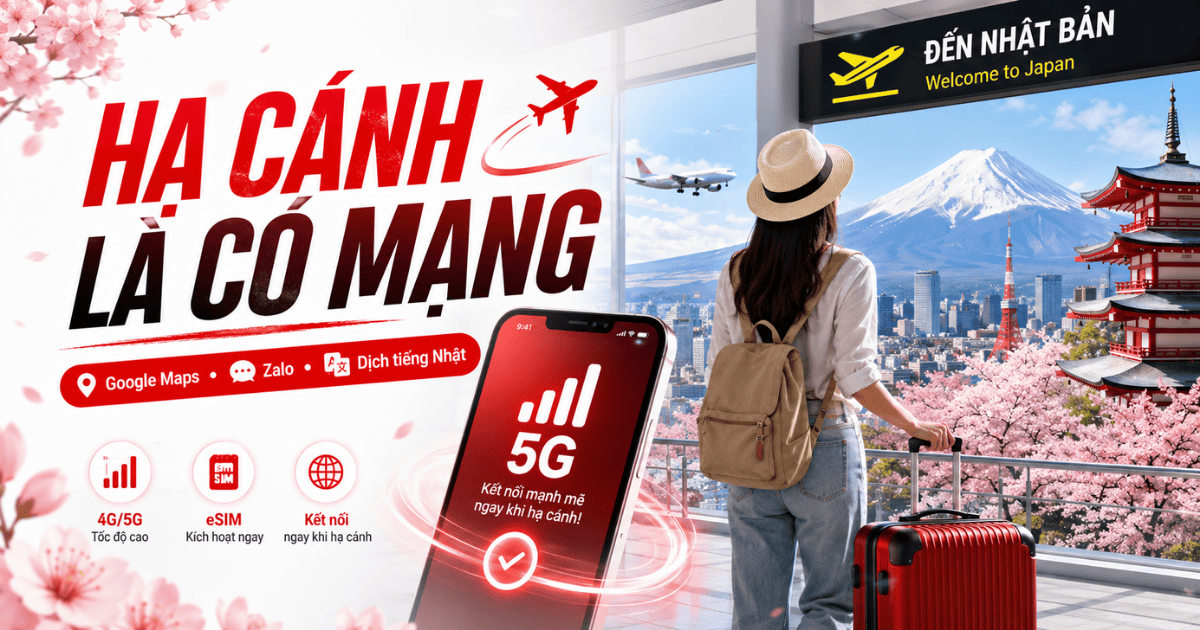eSIM Nhật Bản với thông điệp hạ cánh là có mạng ngay, phù hợp cho khách du lịch cần kết nối nhanh.