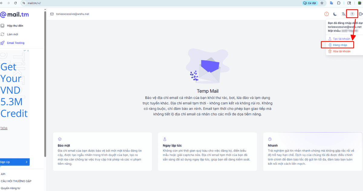 Giao diện Mail TM hỗ trợ tạo email tạm thời, đăng nhập nhận mã xác minh, code bảo mật và quản lý tài khoản Social Media nhanh chóng.