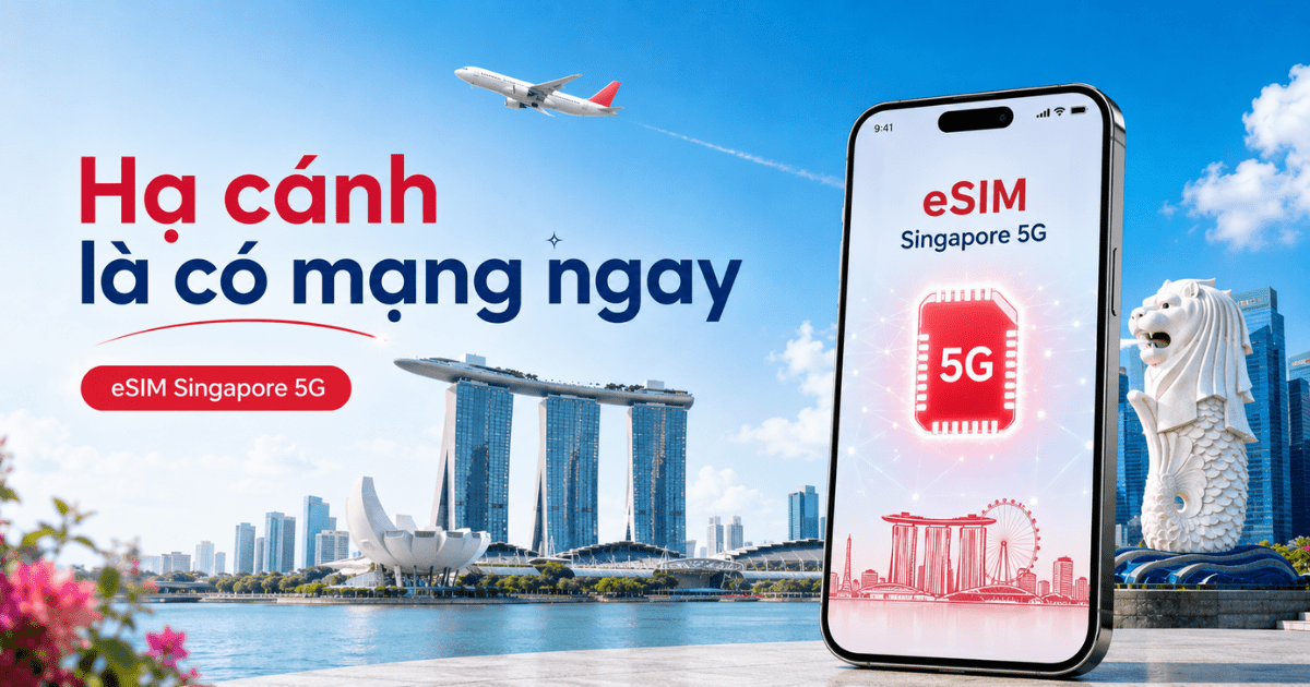 eSIM Singapore với hình máy bay, điện thoại 5G và biểu tượng du lịch nổi bật, thể hiện vừa hạ cánh là có mạng ngay.